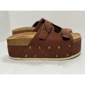 Mata Brown Suede Platform Slide Sandals Studded Cork Footbed Womens 7